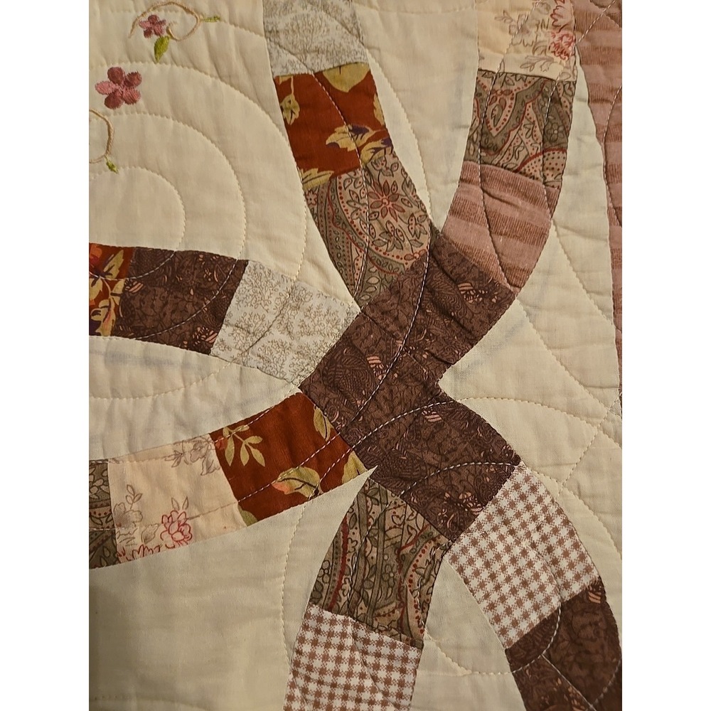 Vintage Double Wedding Ring Quilt Burgundy Red Floral 83 X 68 Handmade Embroider - Picture 8 of 12